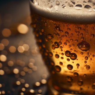 Golden beer bubbles drop in wet glass generated by artificial intelligence